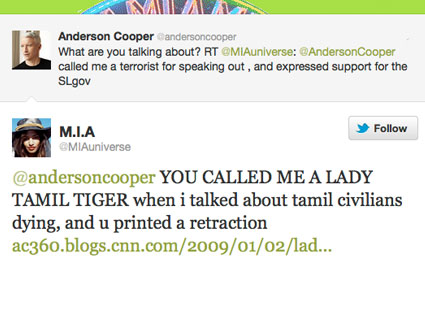 Anderson Cooper, M.I.A., Twitter Anderson Cooper, M.I.A., Twitter